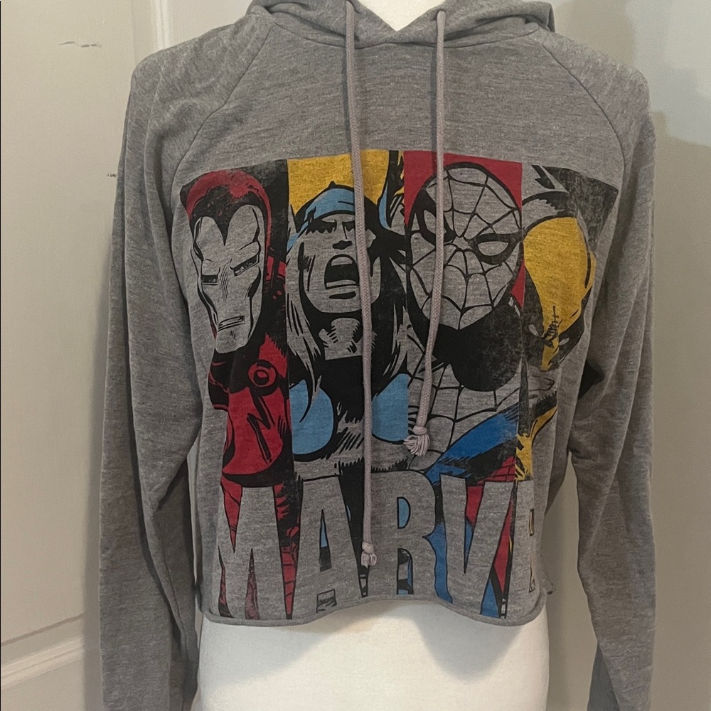 Marvel Gray Hoodie crop with Superhero Graphic